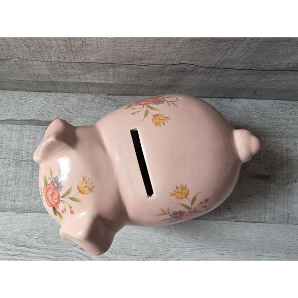 Vintage Lefton Pink Ceramic Piggy Bank With Floral Design - Picture 5 of 10